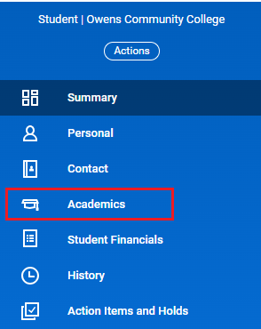 Workday Student Profile Menu - Select Academics